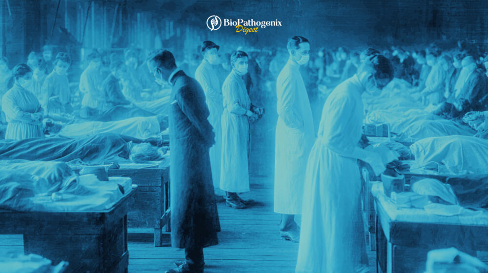 Historical hospital ward scene depicting influenza pandemic response