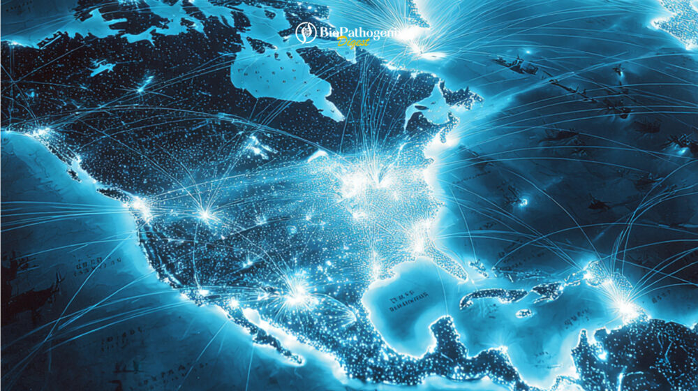 Illustrated map with glowing network connections representing global influenza surveillance