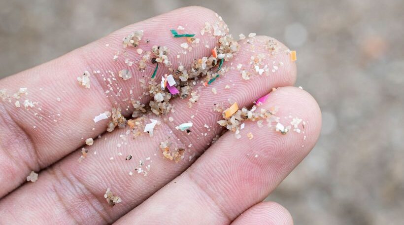 Close-up shot of microplastics collected on a person's hand