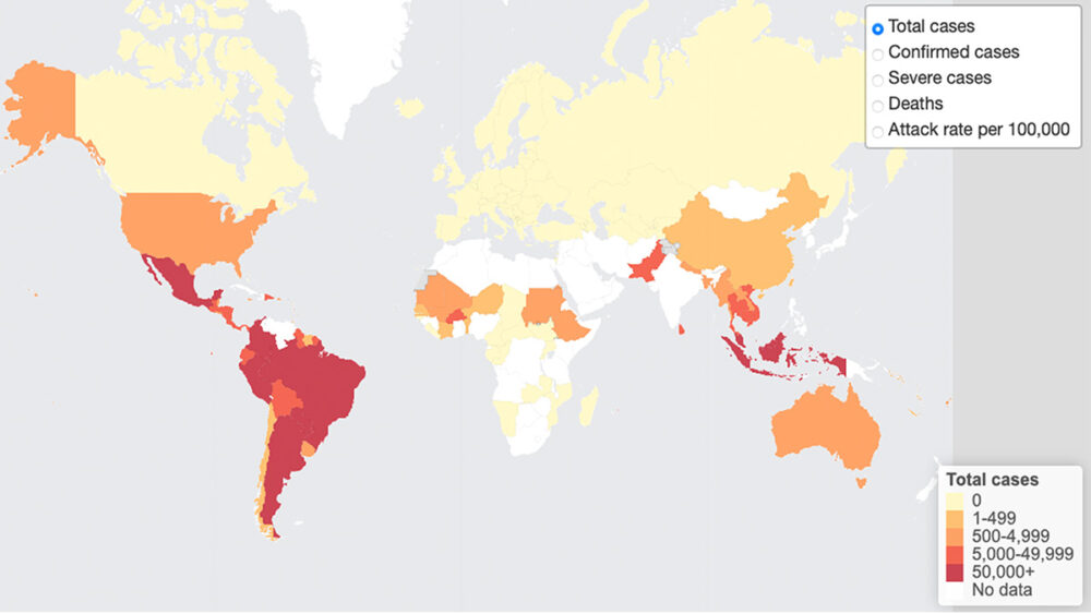 Global distribution and reported cases of dengue virus