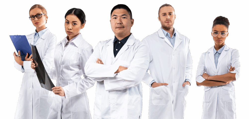 Group of five scientists in white lab coats representing the qPCR and Pathogen Detection Circle community
